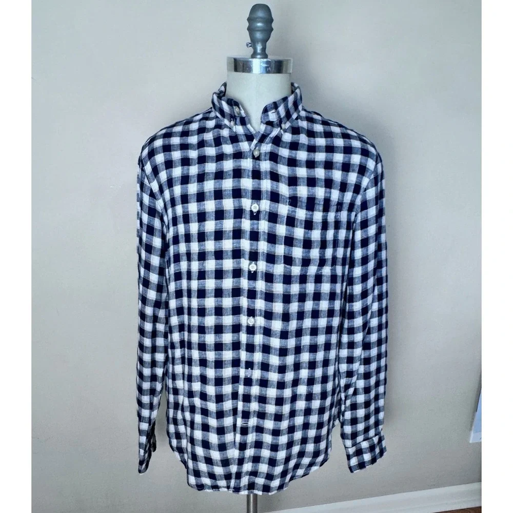 Banana Republic Button Up Shirt Mens M Camden Fit Blue‎ Plaid 100% Linen